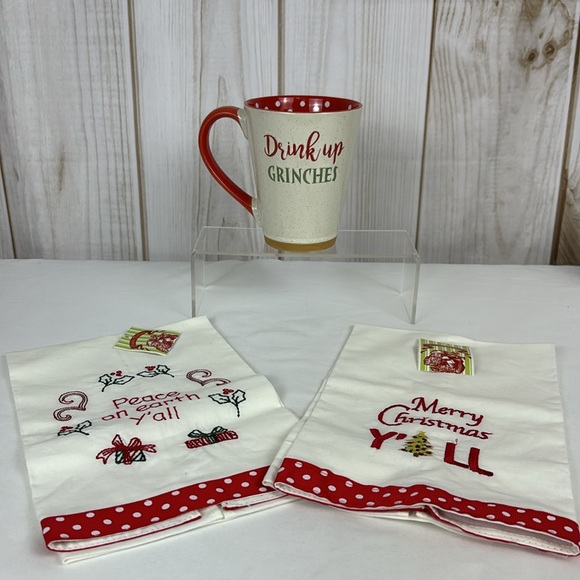 Drink Up Grinches Coffee Mug & Merry Christmas Ya'll Hand Towels Holiday Set 3Pc - Picture 5 of 10
